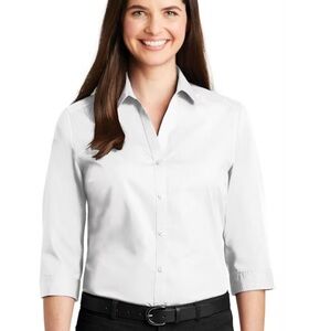 Port Authority Women's White Button-Up Shirt 3/4 Sleeve Length
